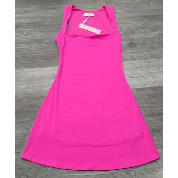 Qinsen Azalea Pink Sleeveless Square Neck Mini Stretchy A Line Dress BNWT - Picture 3 of 10
